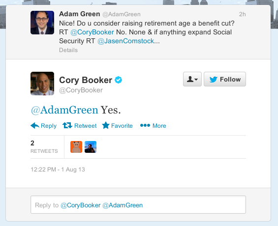 PCCC's Adam Green asks Cory Booker if he thinks raising the retirement age is a cut to Social Security